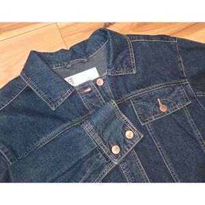 Anthropologie Pilcro Denim Jacket Women Dark Wash Size M‎ Adj Back Waist Button